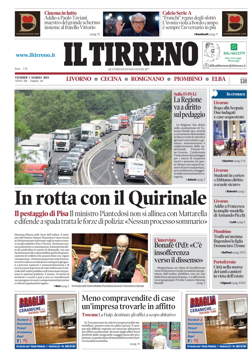 prima pagina - Il Tirreno (Livorno, Cecina) del 01/03/2024