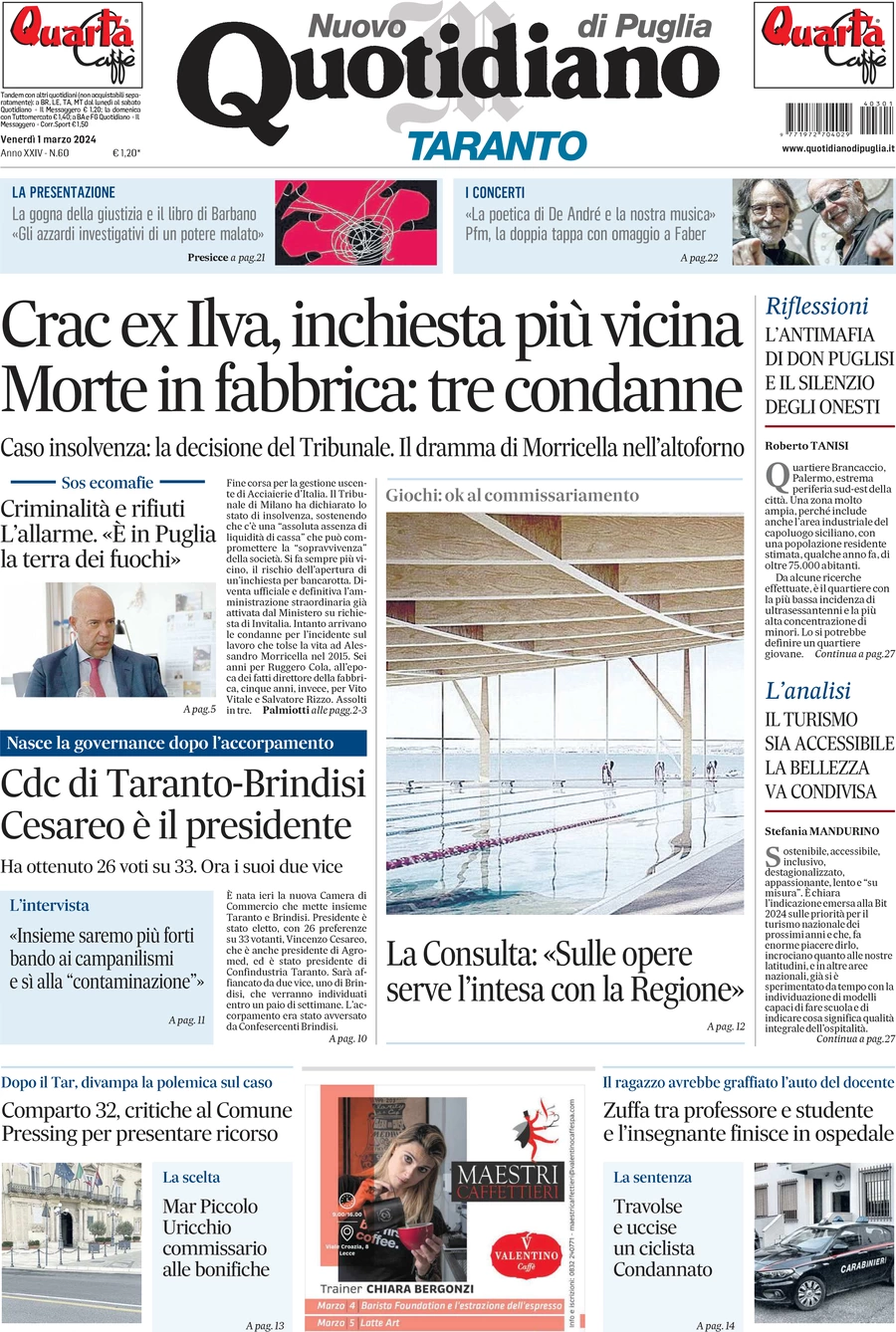 prima pagina - Nuovo Quotidiano di Puglia (Taranto) del 01/03/2024