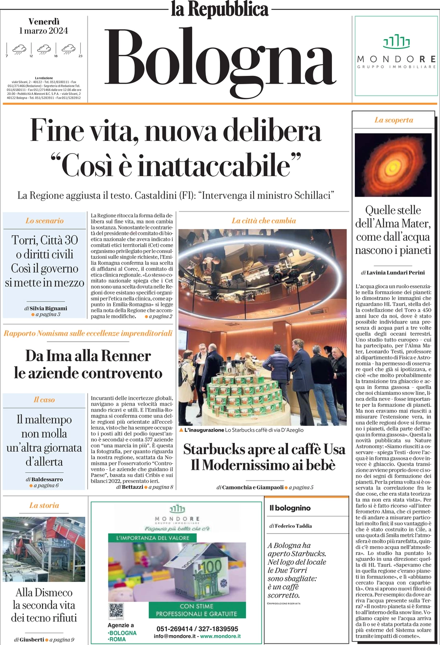 prima pagina - La Repubblica (Bologna) del 01/03/2024