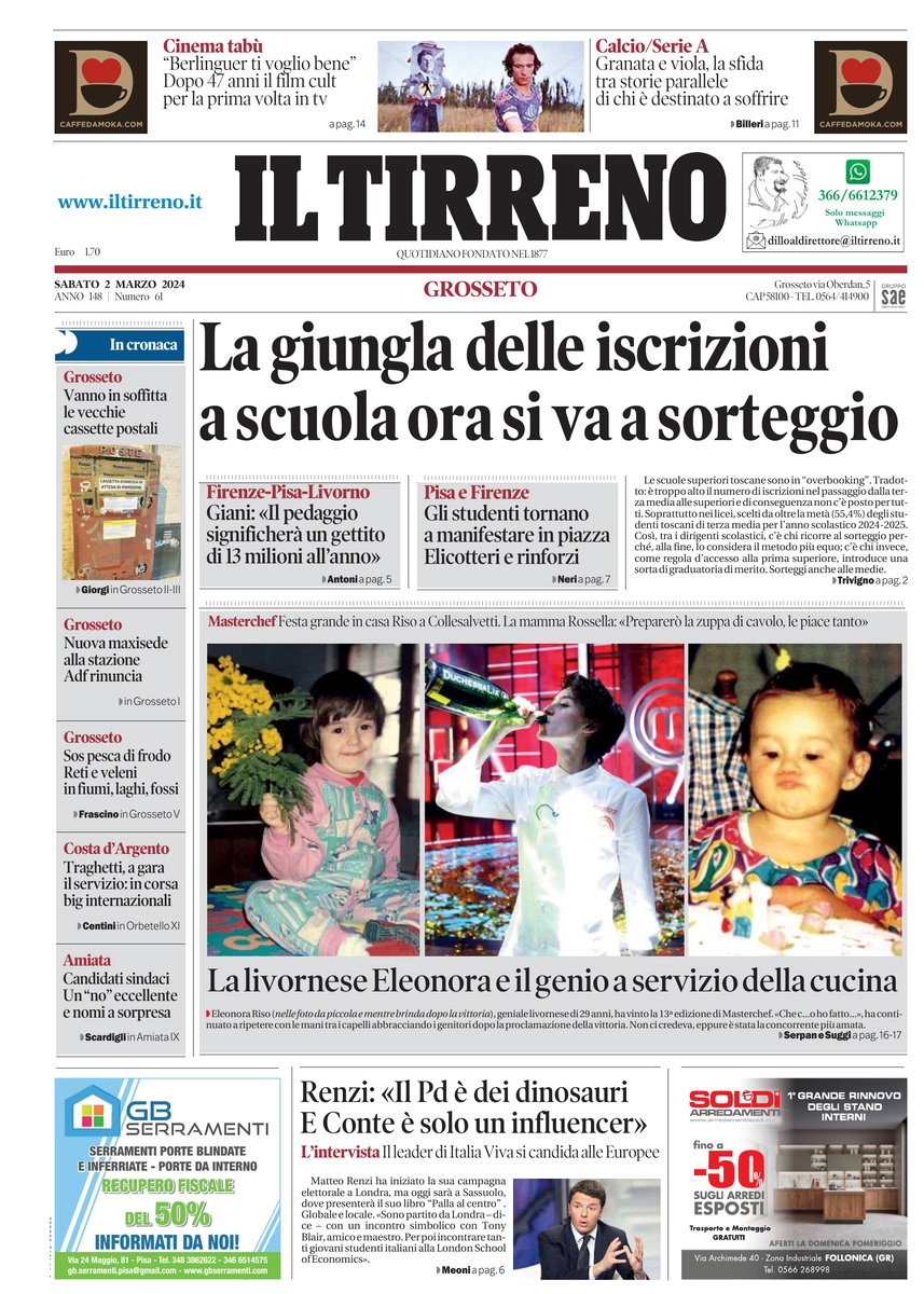 prima pagina - Il Tirreno (Grosseto) del 02/03/2024