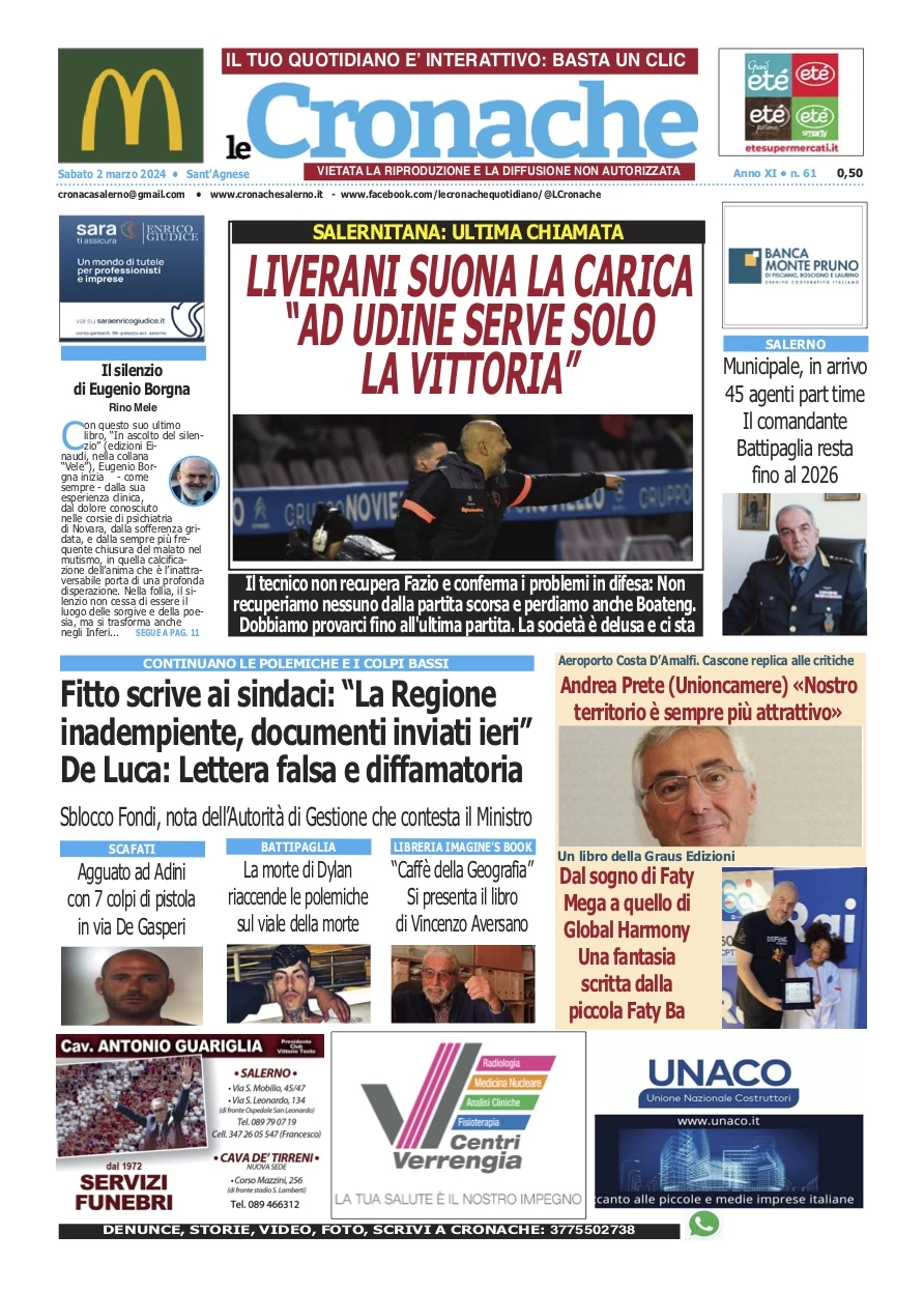 prima pagina - Le Cronache (Salerno) del 02/03/2024