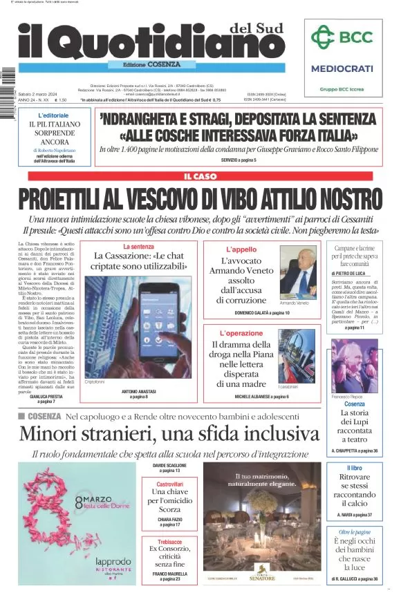 prima pagina - Il Quotidiano del Sud (Cosenza) del 02/03/2024