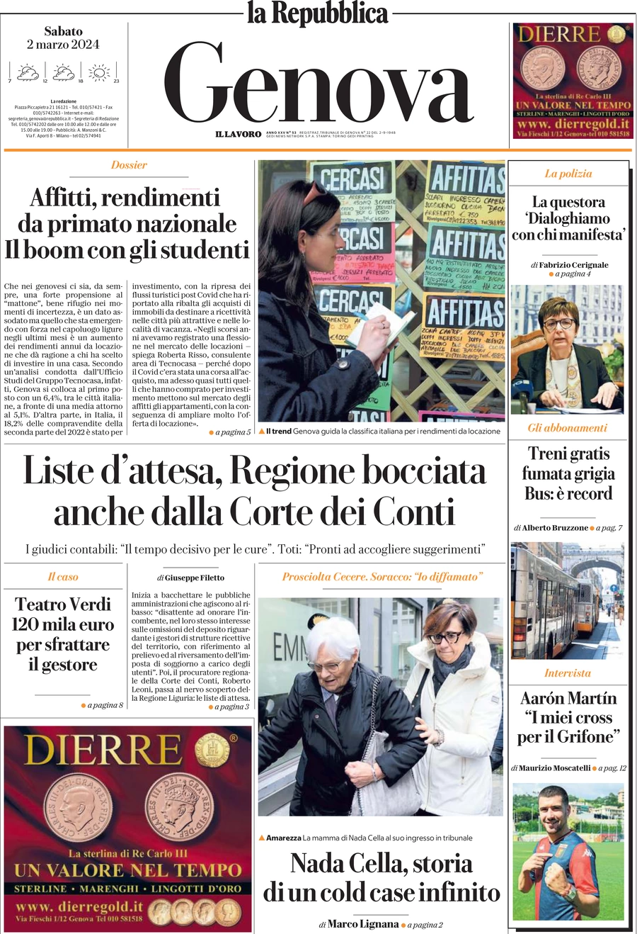 prima pagina - La Repubblica (Genova) del 02/03/2024