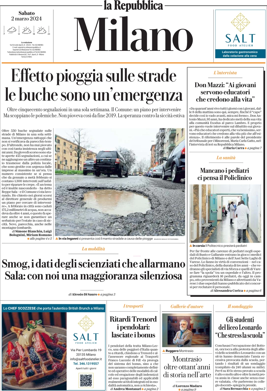 prima pagina - La Repubblica (Milano) del 02/03/2024
