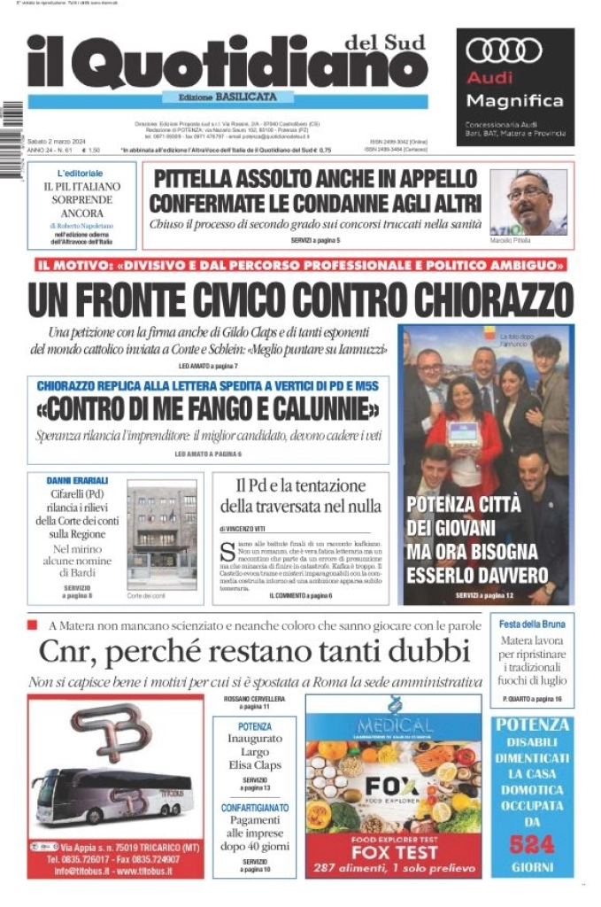 prima pagina - Il Quotidiano del Sud (Basilicata) del 02/03/2024