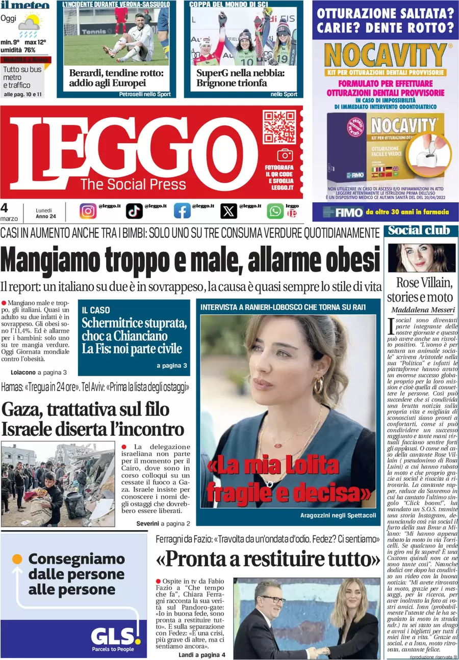 anteprima della prima pagina di leggo-roma del 03/03/2024