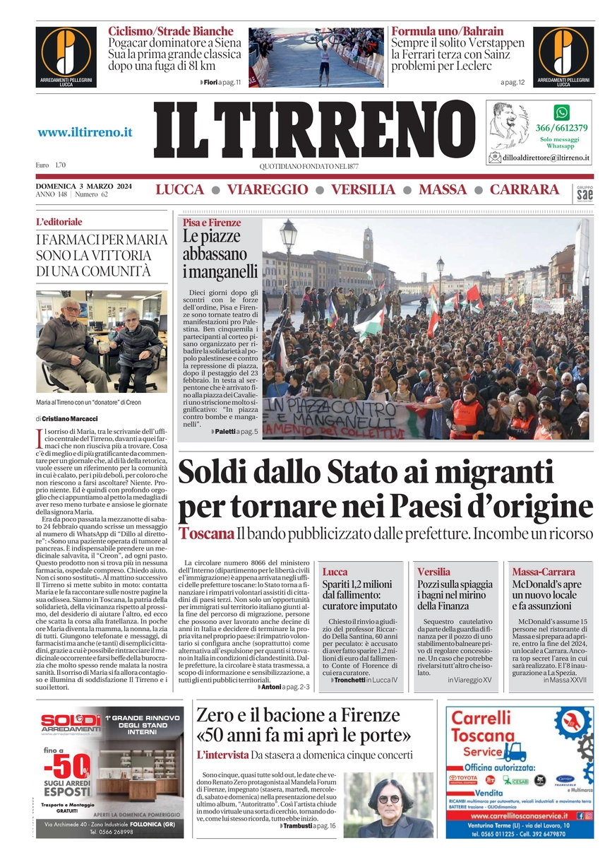 prima pagina - Il Tirreno (Lucca, Viareggio) del 03/03/2024