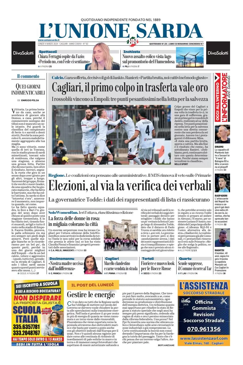 prima pagina - L'Unione Sarda del 03/03/2024