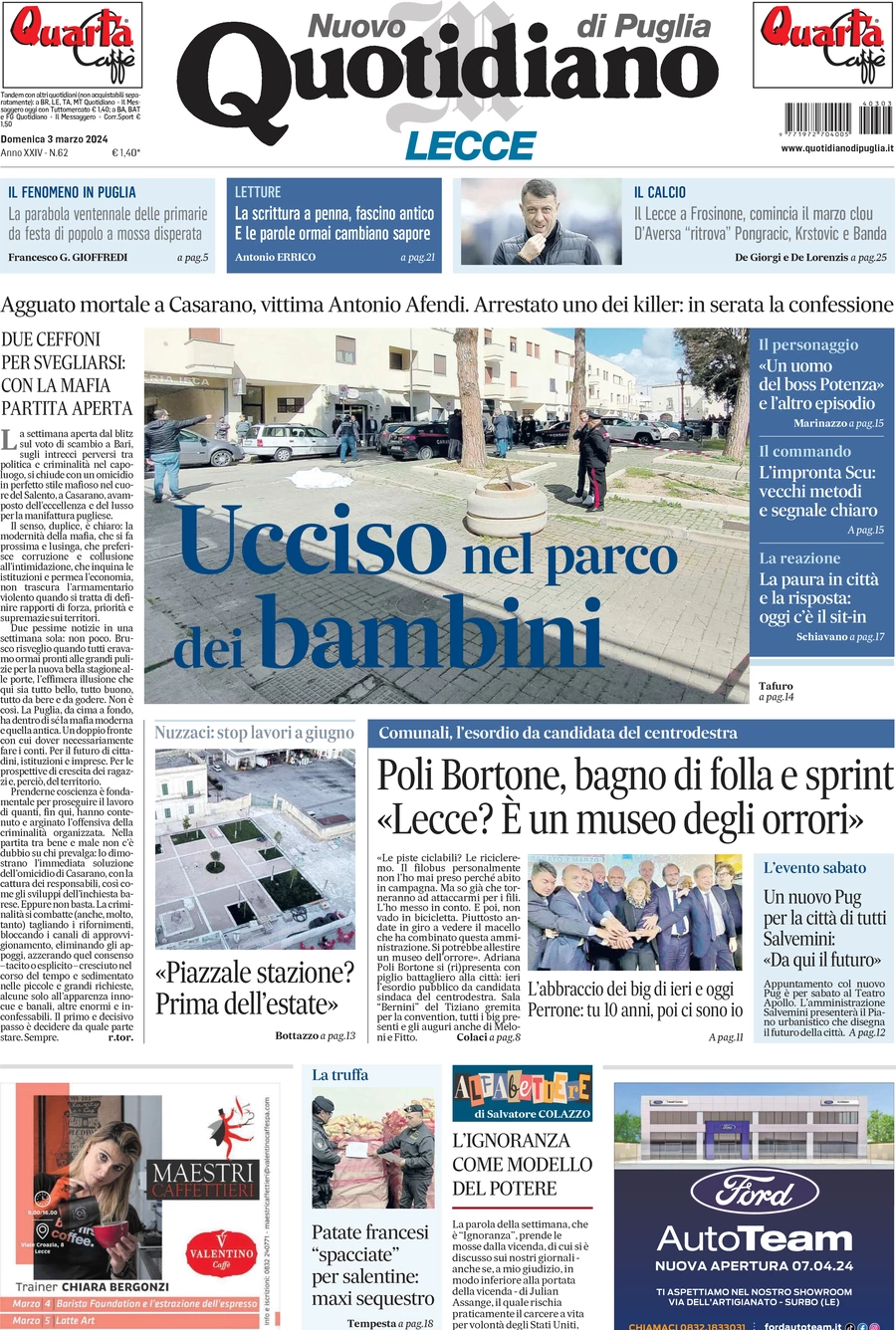prima pagina - Nuovo Quotidiano di Puglia (Lecce) del 03/03/2024