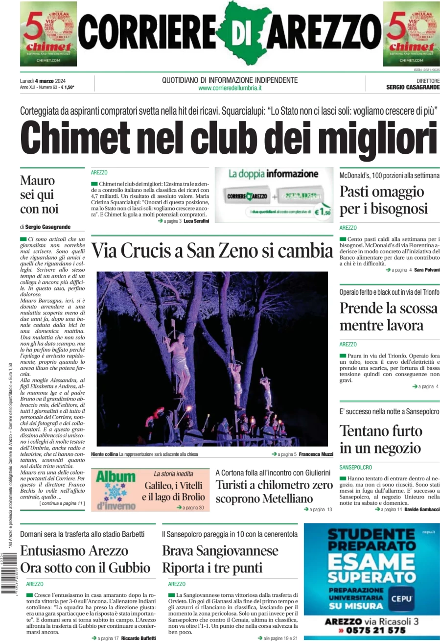 prima pagina - Corriere di Arezzo del 04/03/2024