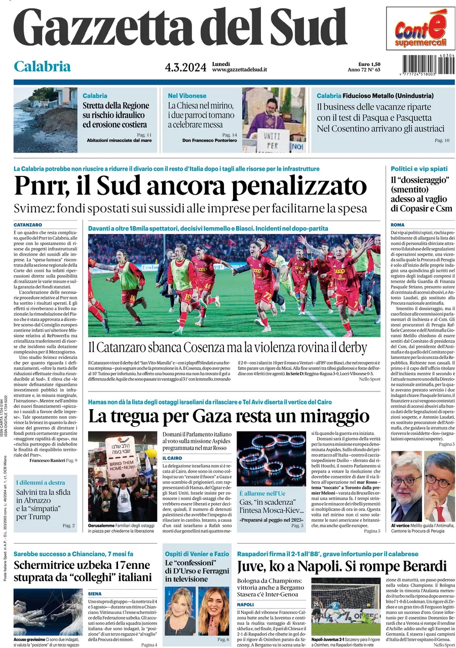 prima pagina - Gazzetta del Sud (Catanzaro) del 04/03/2024