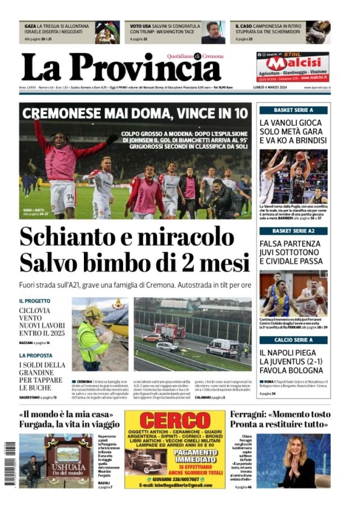 prima pagina - La Provincia di Cremona del 04/03/2024