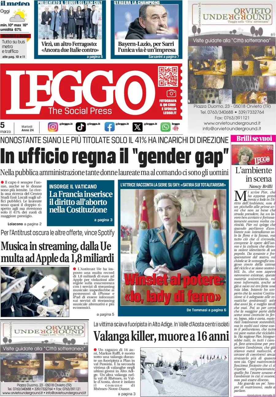 anteprima della prima pagina di leggo-roma del 04/03/2024