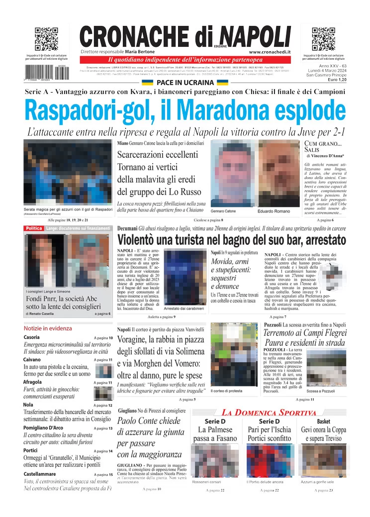 anteprima della prima pagina di cronache-di-napoli del 04/03/2024