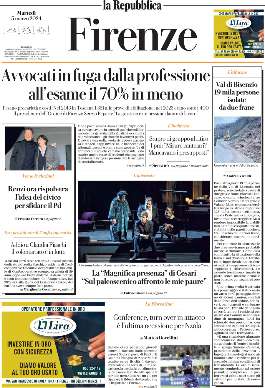 prima pagina - La Repubblica (Firenze) del 05/03/2024