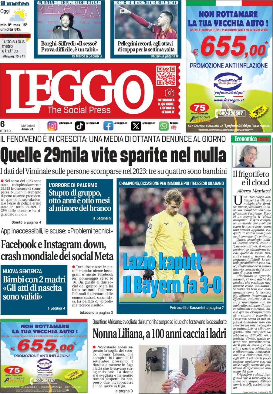 anteprima della prima pagina di leggo-roma del 06/03/2024