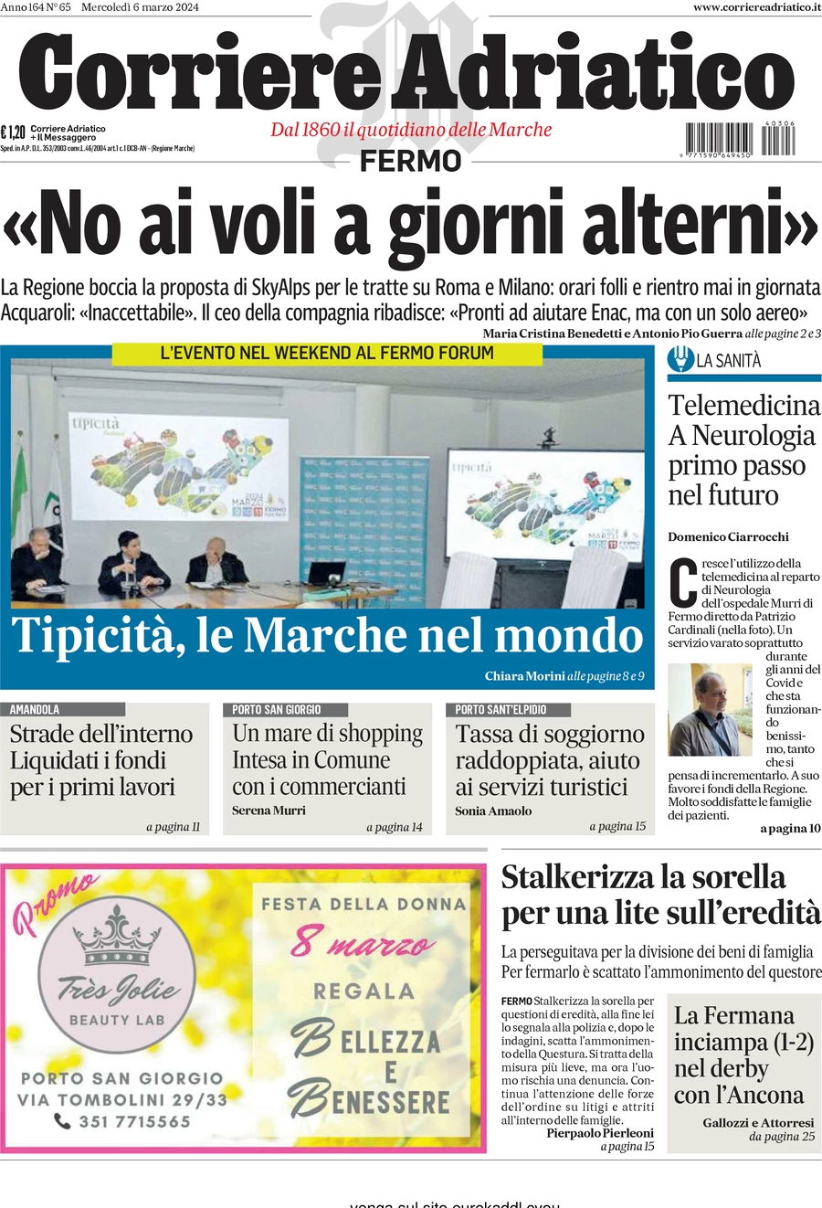 prima pagina - Corriere Adriatico (Fermo) del 06/03/2024