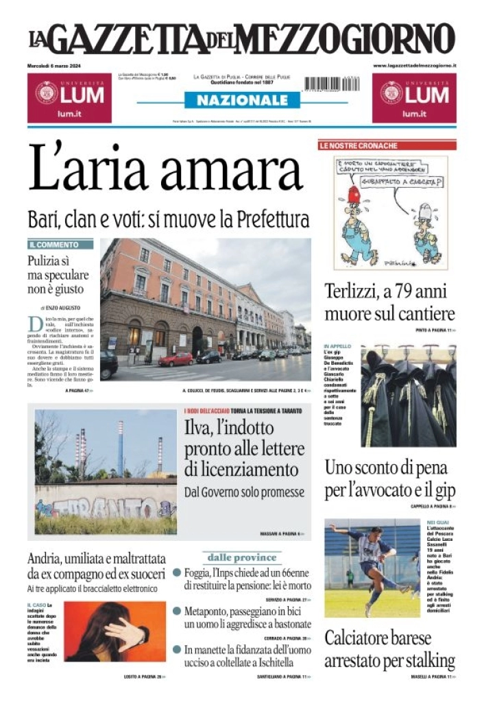 prima pagina - La Gazzetta del Mezzogiorno (Bari) del 06/03/2024
