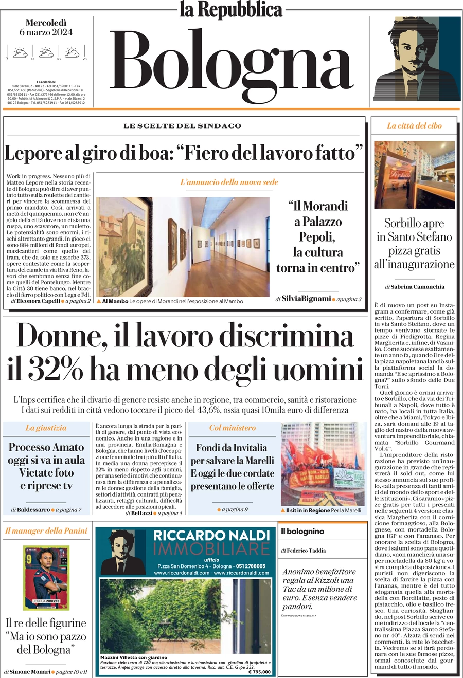 prima pagina - La Repubblica (Bologna) del 06/03/2024
