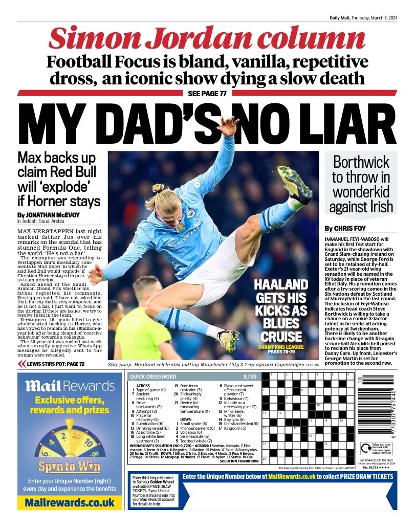 prima pagina - Daily Mail SPORT del 07/03/2024