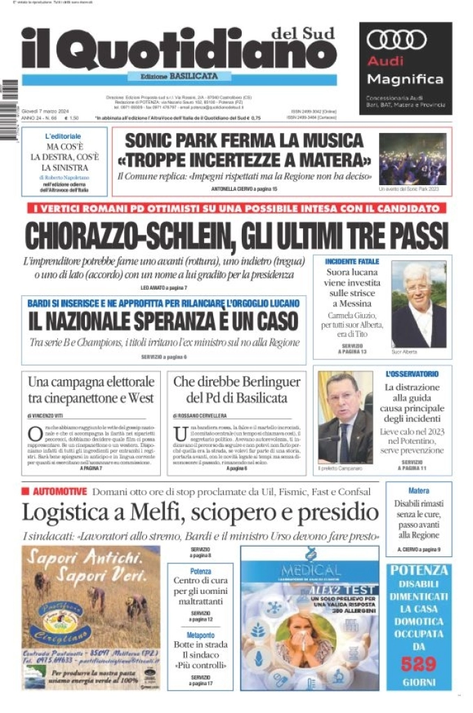 prima pagina - Il Quotidiano del Sud (Basilicata) del 07/03/2024