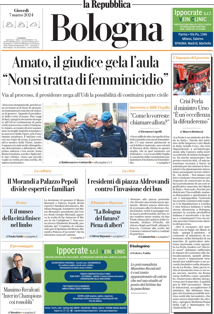 prima pagina - La Repubblica (Bologna) del 07/03/2024