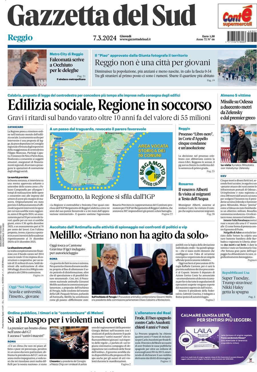 prima pagina - Gazzetta del Sud (Reggio Calabria) del 07/03/2024