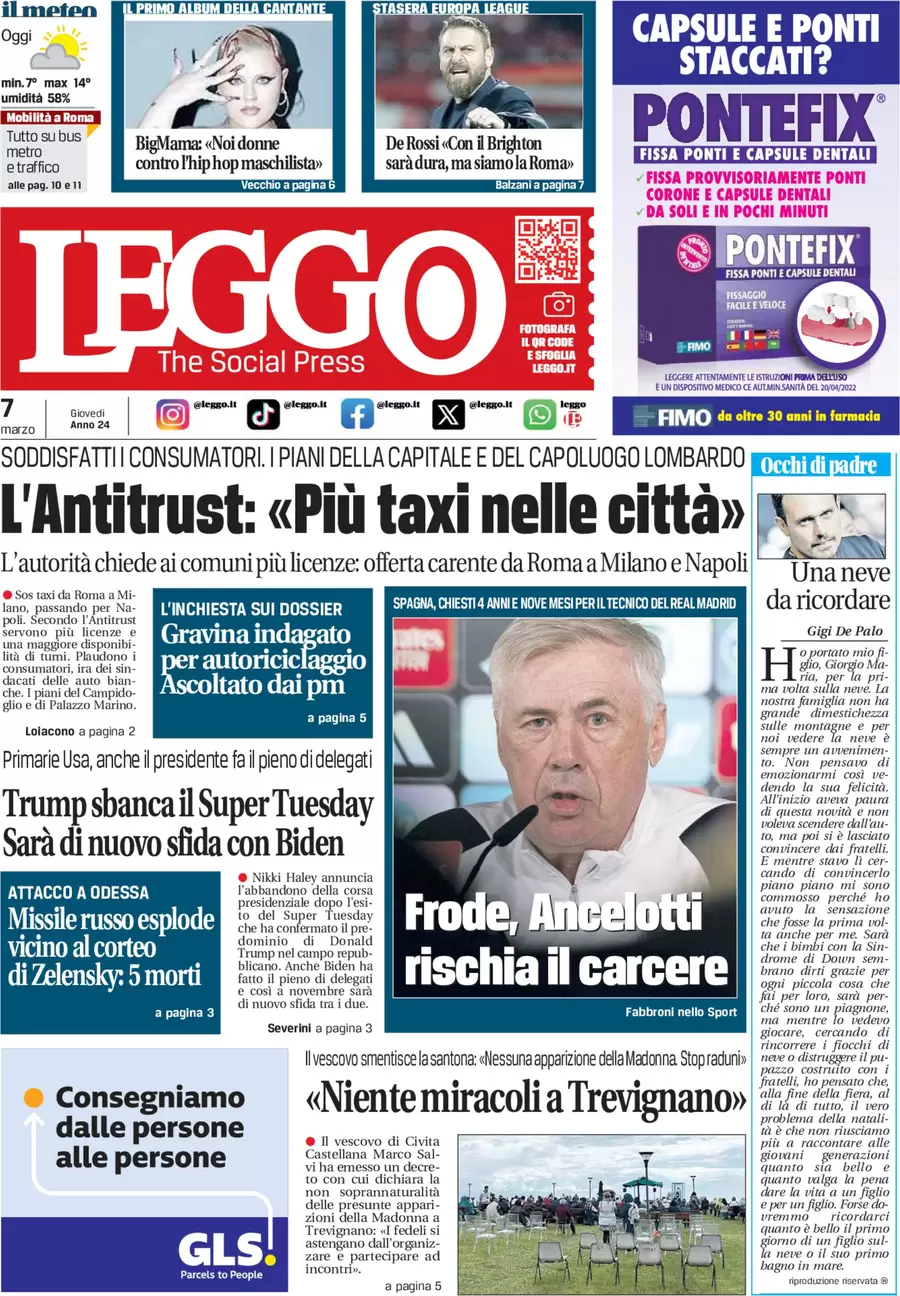 anteprima della prima pagina di leggo-roma del 07/03/2024