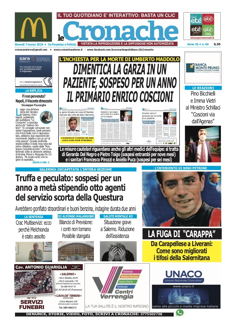 prima pagina - Le Cronache (Salerno) del 07/03/2024