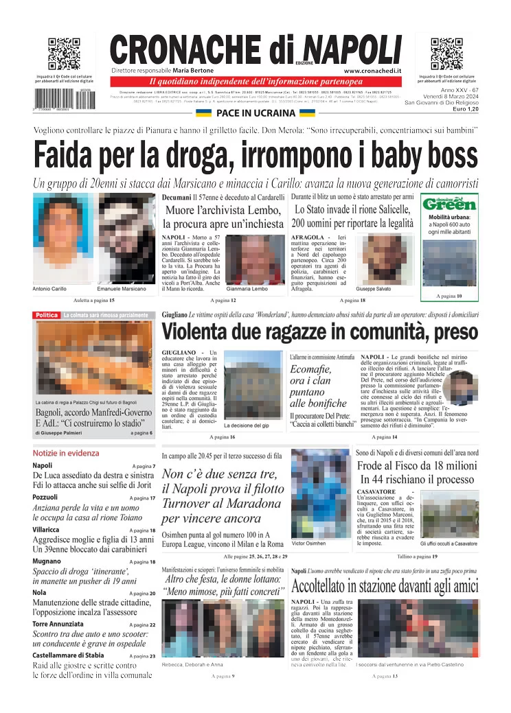 anteprima della prima pagina di cronache-di-napoli del 08/03/2024