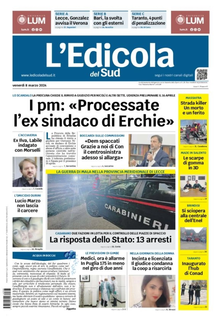 prima pagina - L'Edicola del Sud (Lecce) del 08/03/2024
