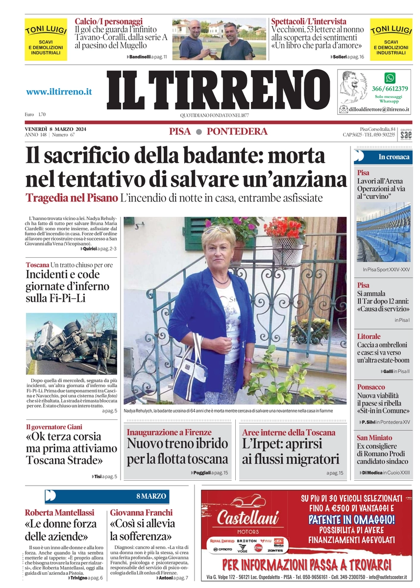 prima pagina - Il Tirreno (Pisa, Pontedera) del 08/03/2024