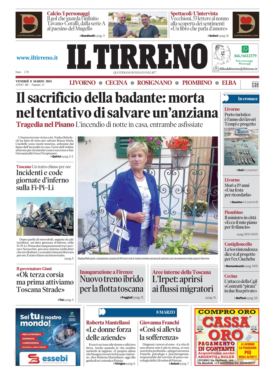 prima pagina - Il Tirreno (Livorno, Cecina) del 08/03/2024