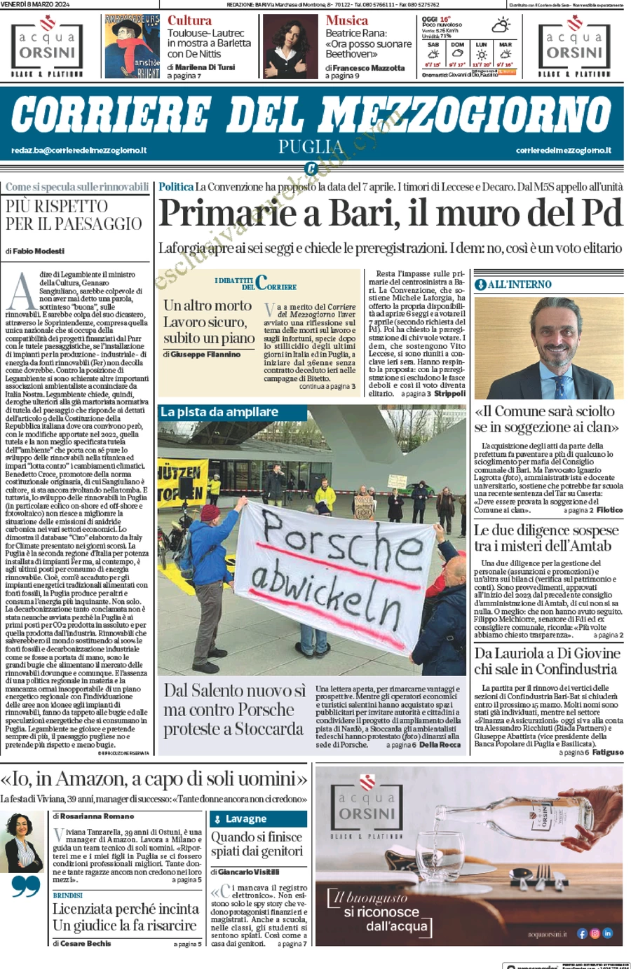 prima pagina - Corriere del Mezzogiorno (Puglia) del 08/03/2024