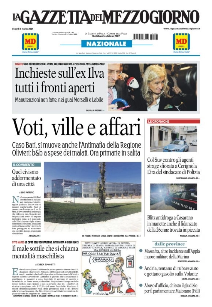 prima pagina - La Gazzetta del Mezzogiorno (Bari) del 08/03/2024