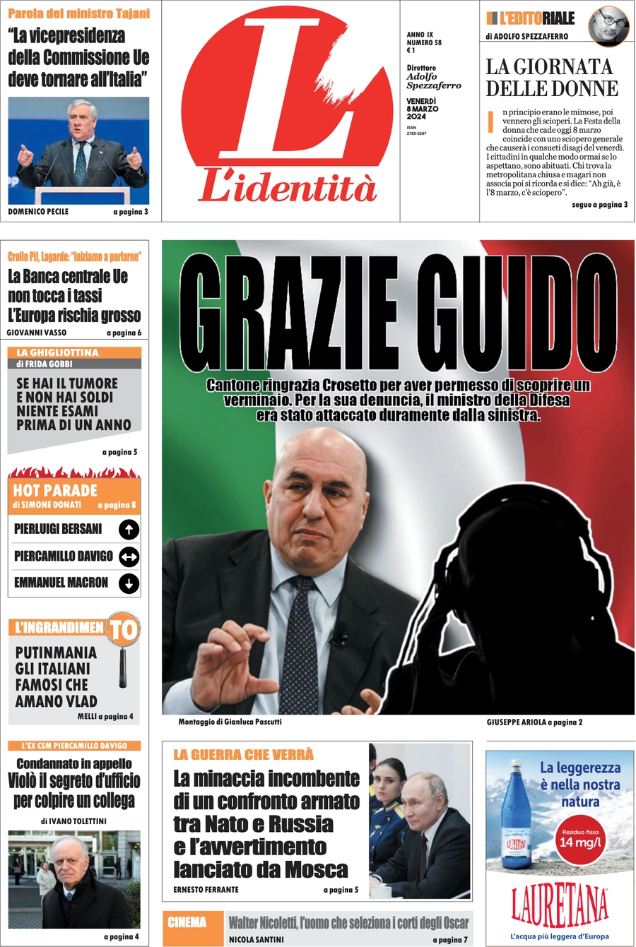 anteprima della prima pagina di lidentit del 08/03/2024