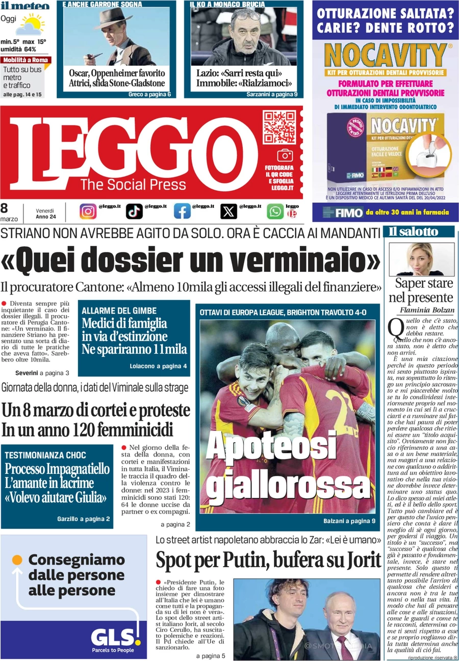 anteprima della prima pagina di leggo-roma del 08/03/2024