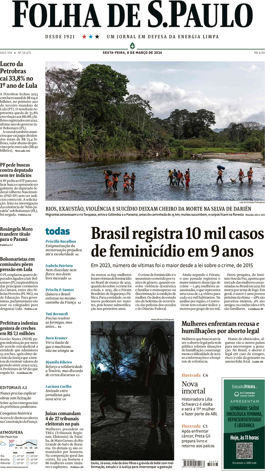 anteprima della prima pagina di folha-de-s.paulo del 08/03/2024