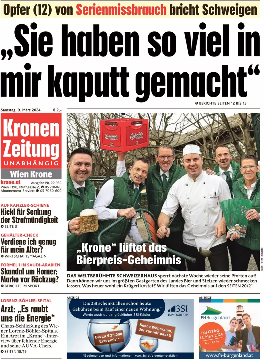 anteprima della prima pagina di kronen-zeitung del 09/03/2024