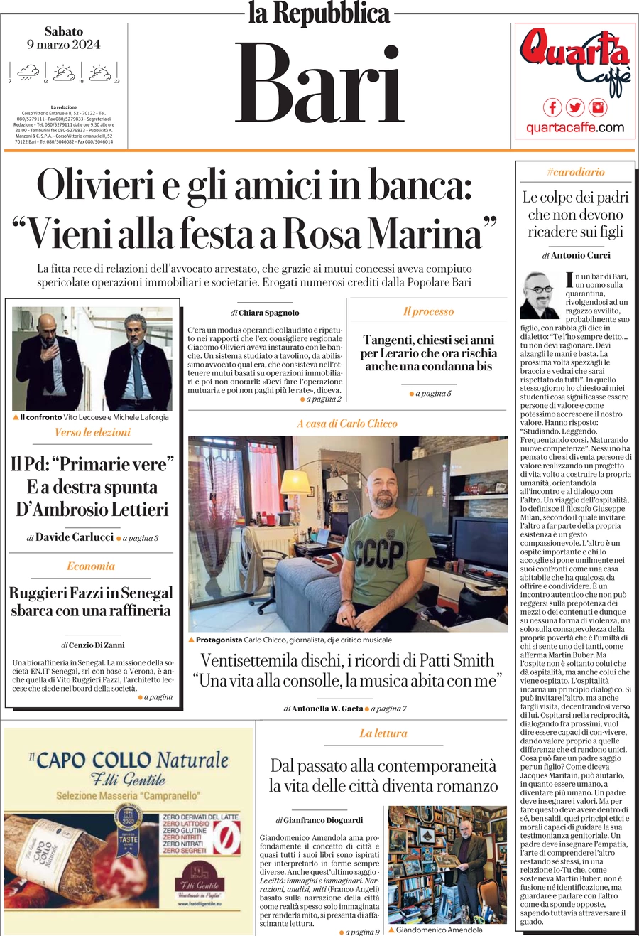 prima pagina - La Repubblica (Bari) del 09/03/2024