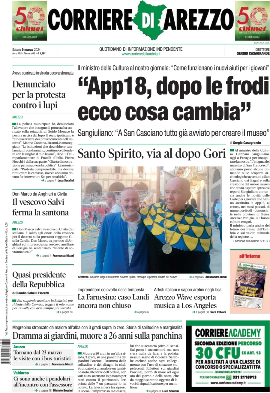 prima pagina - Corriere di Arezzo del 09/03/2024