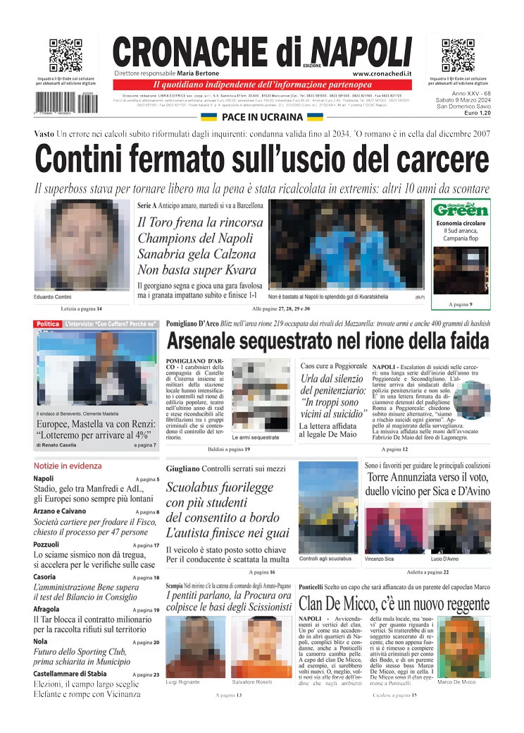 anteprima della prima pagina di cronache-di-napoli del 09/03/2024