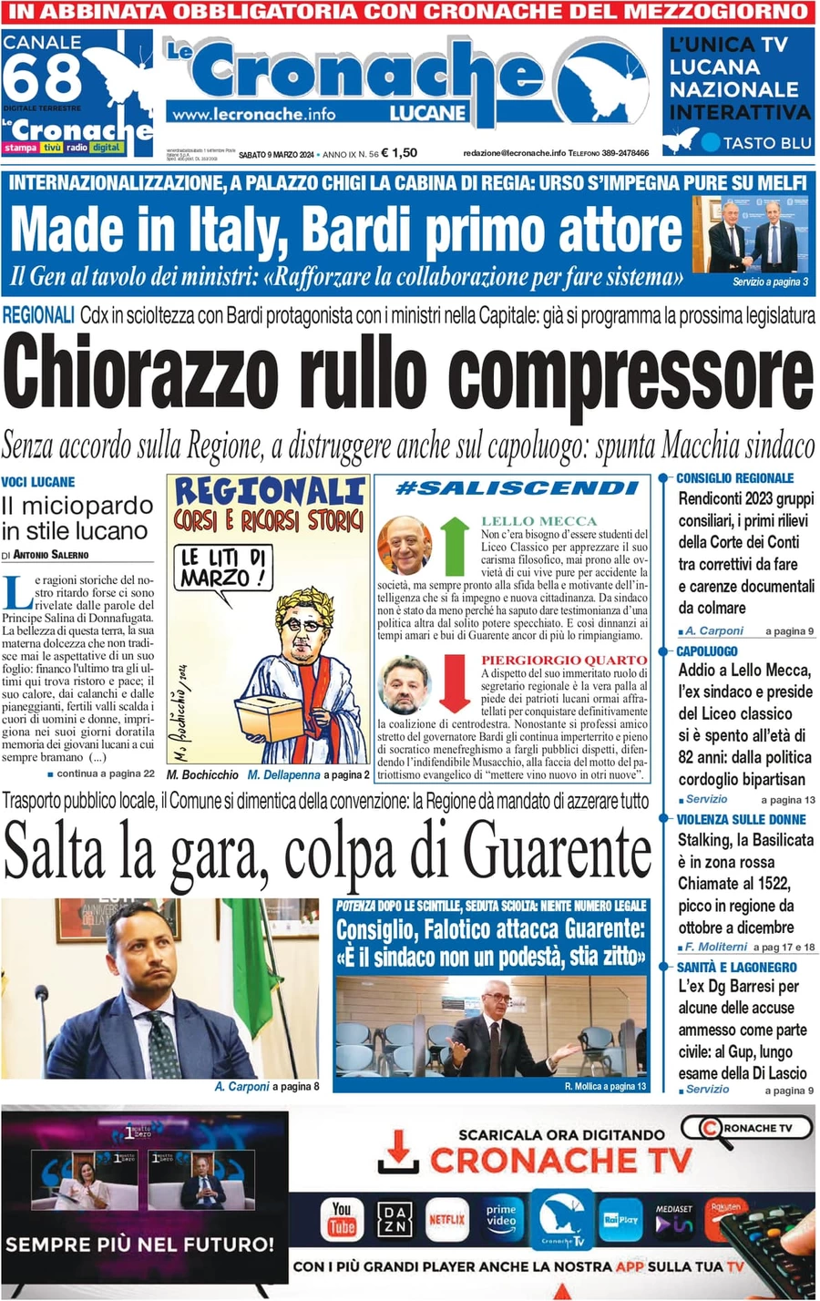 prima pagina - Le Cronache Lucane del 09/03/2024