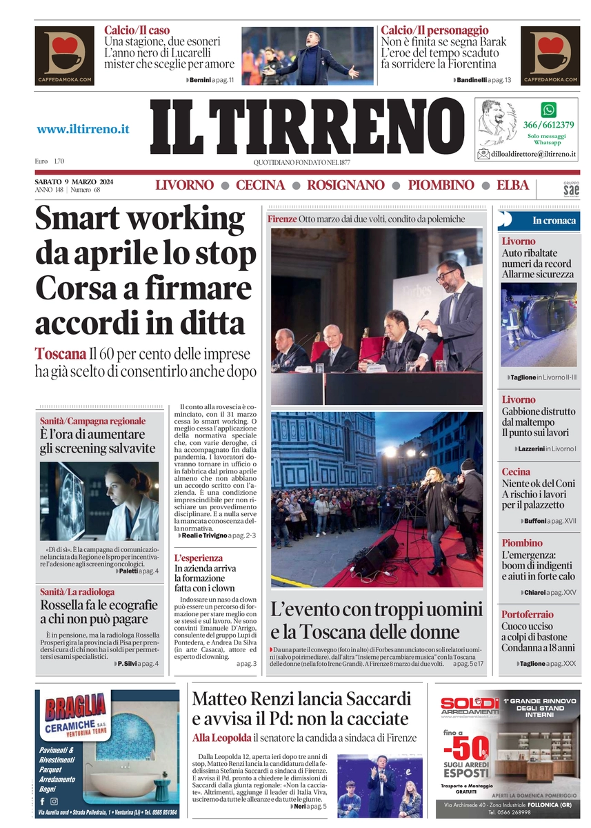prima pagina - Il Tirreno (Livorno, Cecina) del 09/03/2024