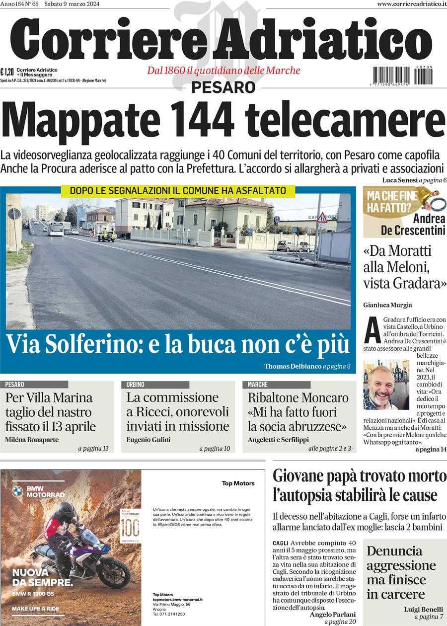 prima pagina - Corriere Adriatico (Pesaro) del 09/03/2024