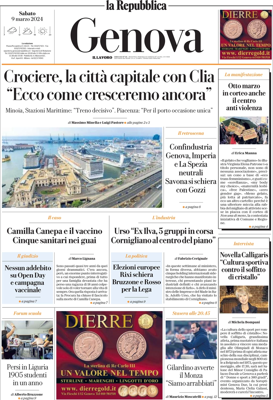 prima pagina - La Repubblica (Genova) del 09/03/2024