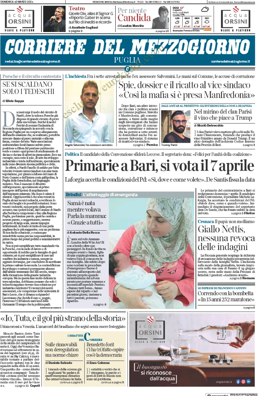 prima pagina - Corriere del Mezzogiorno (Puglia) del 10/03/2024