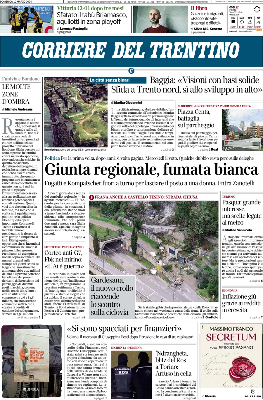 prima pagina - Corriere del Trentino del 10/03/2024