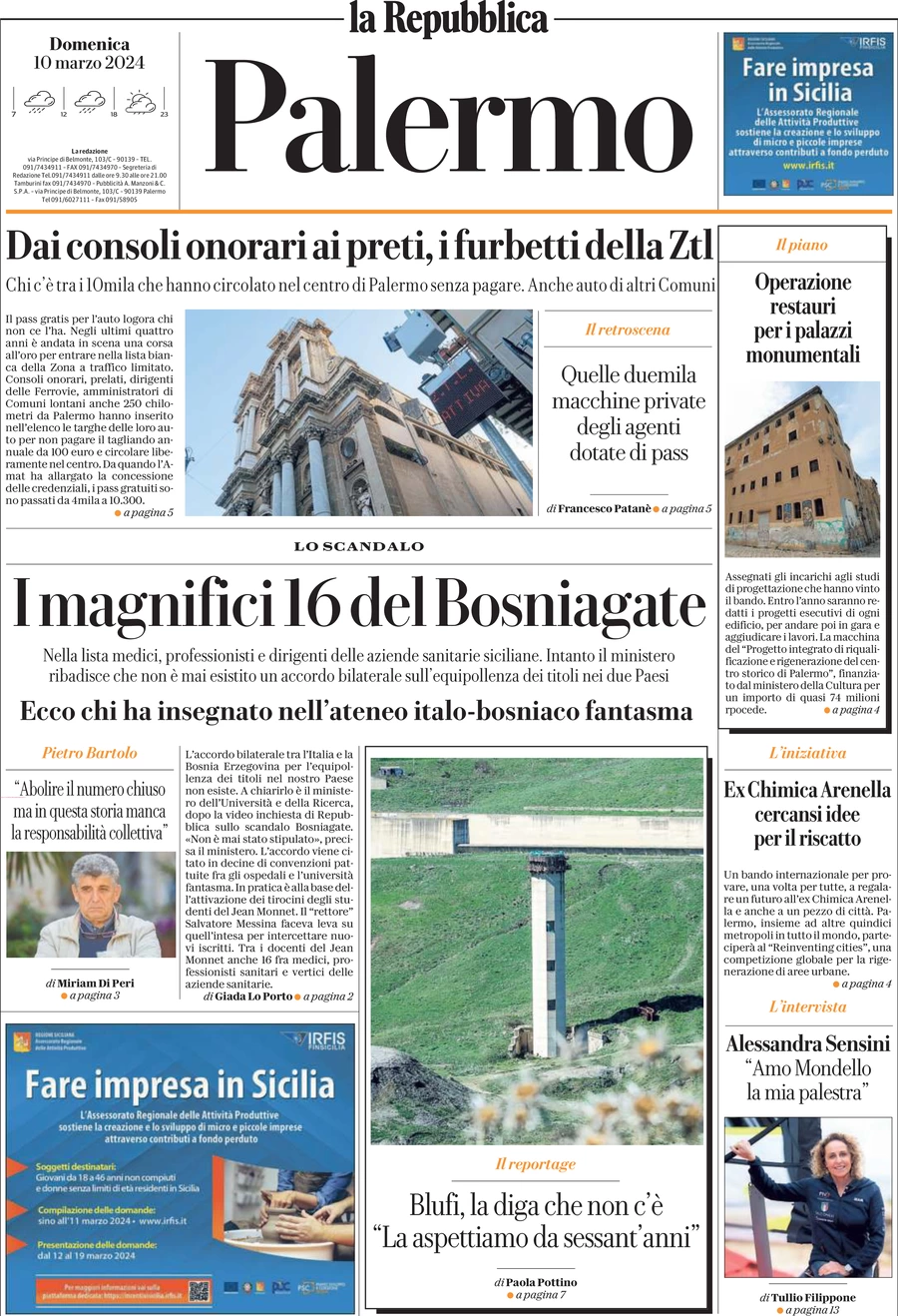 prima pagina - La Repubblica (Palermo) del 10/03/2024