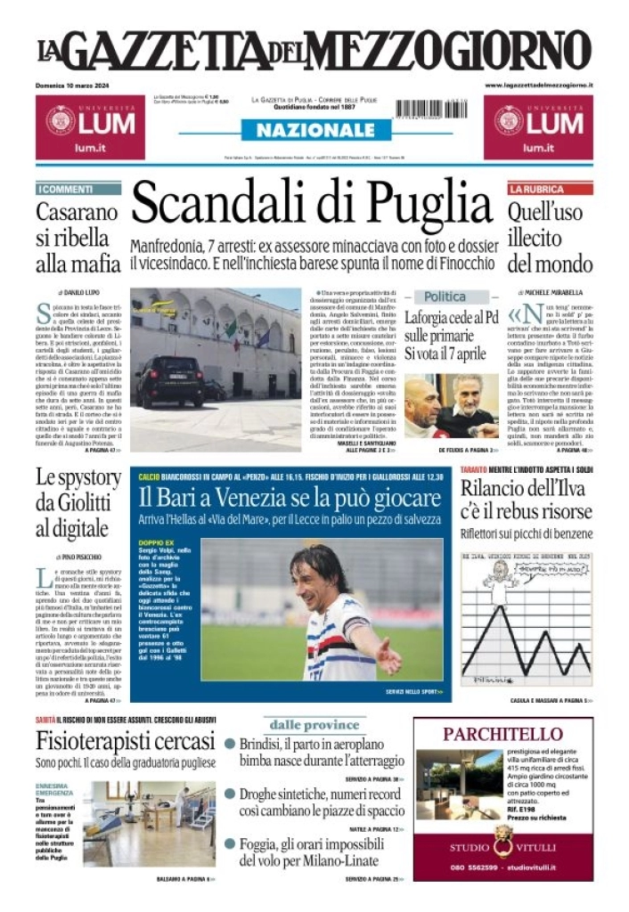 prima pagina - La Gazzetta del Mezzogiorno (Bari) del 10/03/2024